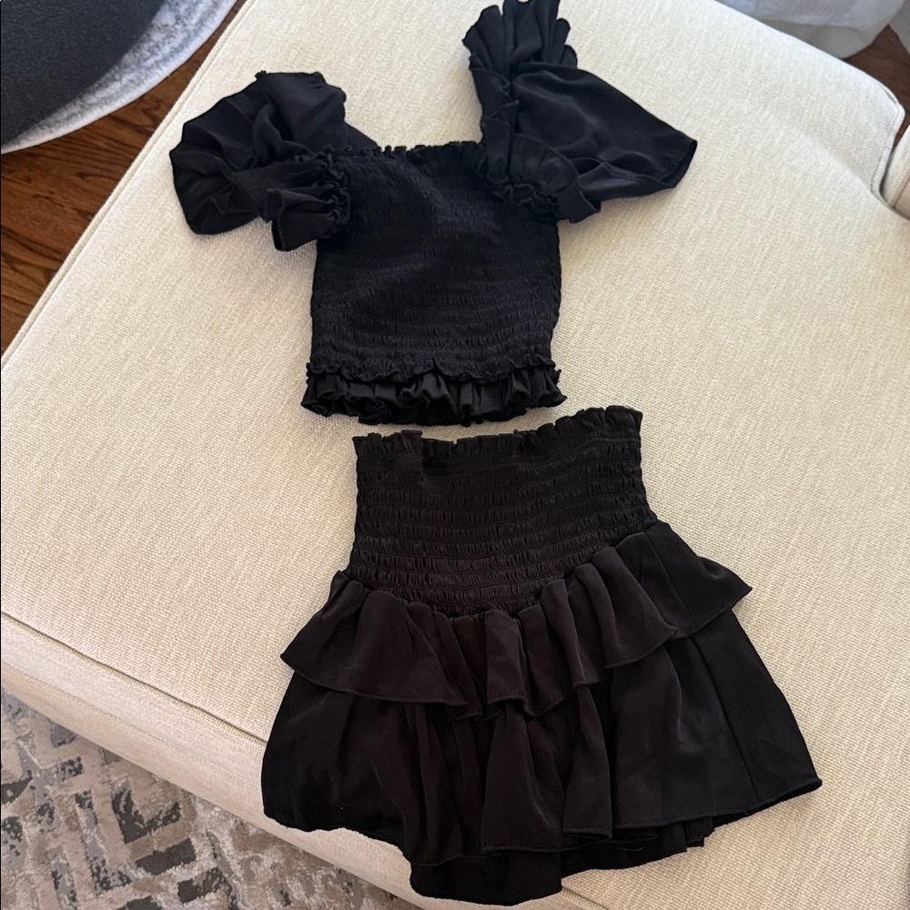 Chic Black Ruffle Top and Skirt Kids Matching Set